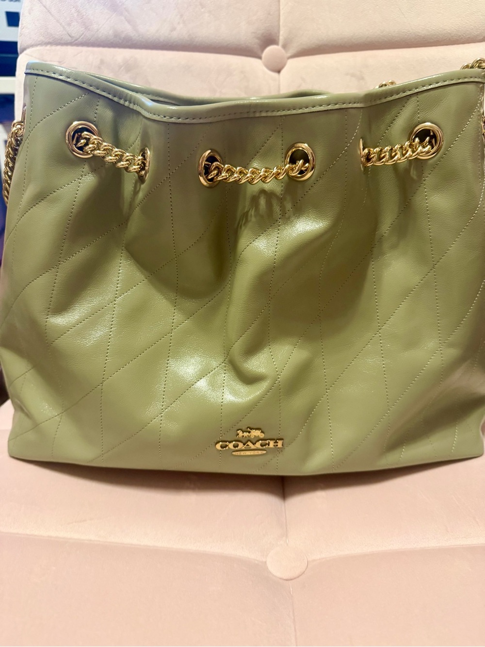 Coach Quilted Leather Shoulder Tote in pistachio.